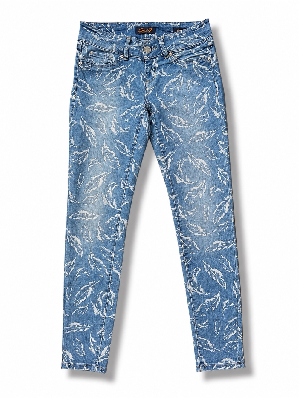 Seven7 Medium Rise Feather Print Stretch Skinny Jeans Blue Size 27